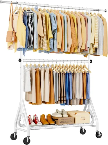 Vista 18 de Perchero resistente para colgar ropa, estante para ropa con dobles varillas y ruedas bloqueables, perchereros enrollables de metal resistentes