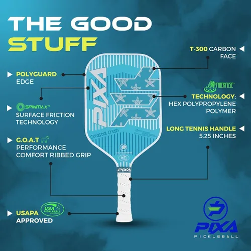 Vista 4 de PIXA Coastal Crush Pickleball Paddle, cara de carbono T-300, superficie de fricción, mango de 5.25 pulgadas, aprobado por USAPA