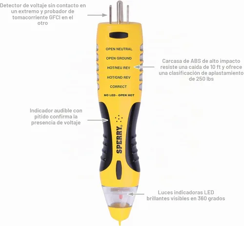 Vista 5 de Sperry Instrumentos VD7504GFI Detector de voltaje sin contacto doble control 2-en-1 + GFCI Analizador de circuito de salida, indicadores visuales