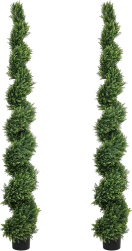 Vista 21 de THE BLOOM TIMES Juego de 2 árboles topiarios artificiales en espiral de 3 pies para exteriores, plantas de boj falsas de 36" para exteriores - Árbol