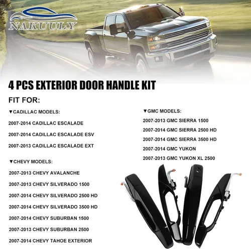 Vista 2 de Manija de Puerta Exterior Negra 4 Piezas Delantera Trasera Conductor y Pasajero Compatible con Cadillac Escalade 2007-2014 Chevy Avalanche Silverado