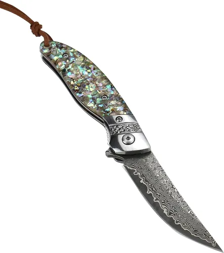 Vista 4 de Albatross Cuchillo de Bolsillo Premium de Damasco - Cuchillo Plegable EDC con Mango de Concha de Abalone, Apertura con Rodamientos de Bola, Sistema