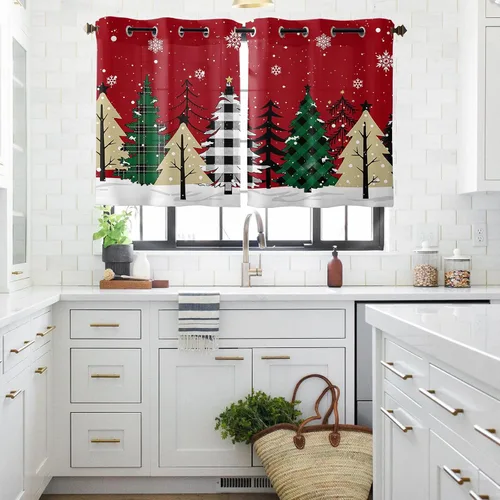 Vista 12 de Libaoge Cortinas de Navidad para cocina, dormitorio, juego de 2 paneles, diseño de muñeco de nieve de Navidad, cortinas de invierno con copos