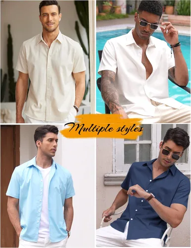 Vista 4 de COOFANDY Camisas casuales de lino de manga corta con botones para hombre