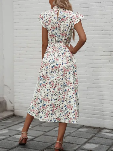 Vista 2 de Milumia Vestido midi fluido con mangas casquillo fruncidas y cuello con lazo y dobladillo con volantes para mujer