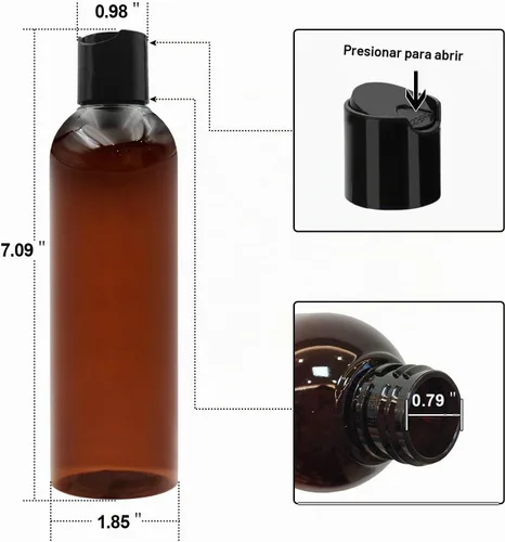 Vista 2 de Paquete de 2 botellas de plástico para champú de 8 onzas con tapas de disco, ámbar
