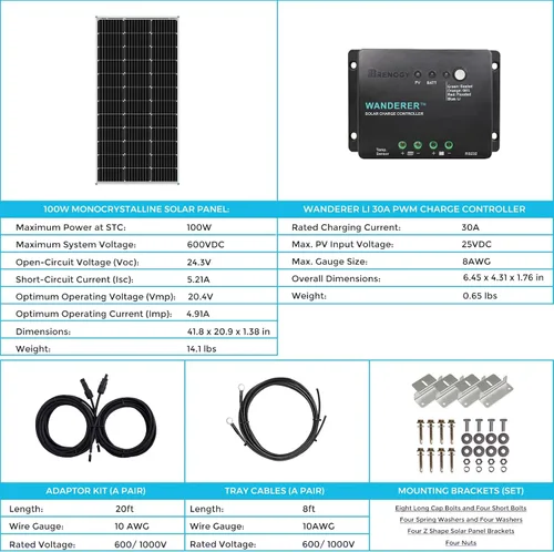 Vista 8 de Renogy - Kit básico de panel solar de 100W 12V, panel solar monocristalino de 100 vatios, controlador de carga PWM LCD de 30A, kit de adaptadores