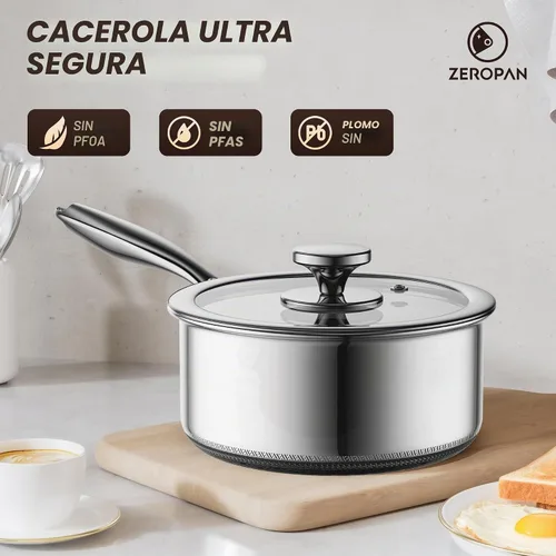 Vista 3 de Cacerola de acero inoxidable de 1 cuarto de galón con tapa de vidrio, sartén antiadherente híbrida de 6 pulgadas, sin PFAS PFOA PTFE, mango que se