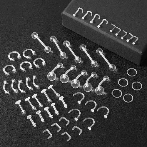 Vista 7 de Yolev Juego de 55 piercings de acrílico transparente: aretes para la nariz, aros para la nariz, anillos para el vientre, retenedores de tabique
