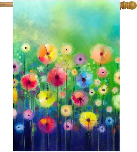 Vista 7 de Acuarela abstracta primavera verano temporada flores verdes pintura arte jardín patio bandera 12 x 18 pulgadas poliéster bandera bienvenida casa