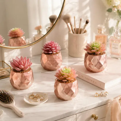 Vista 5 de Tiita Paquete de 4 Suculentas Artificiales Falsas en Macetas, Mini Plantas Falsas de Oro Rosa para Escritorio de Mujer, Pequeñas Suculentas Falsas