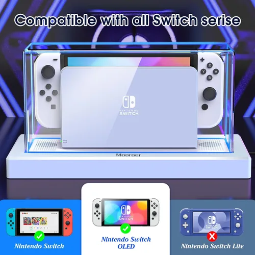 Vista 5 de Mooroer Dust Cover with 16 LED Colors Light Base for Nintendo SwitchOLED, Acrylic Clear Display Box Anti-Scratch Waterproof Slim Dock Case, Cool