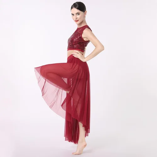 Vista 7 de Vestido de baile con lentejuelas brillantes, sin mangas, 2 piezas, vestido de baile floral, malla de encaje, falda de tul dividida con pantalones