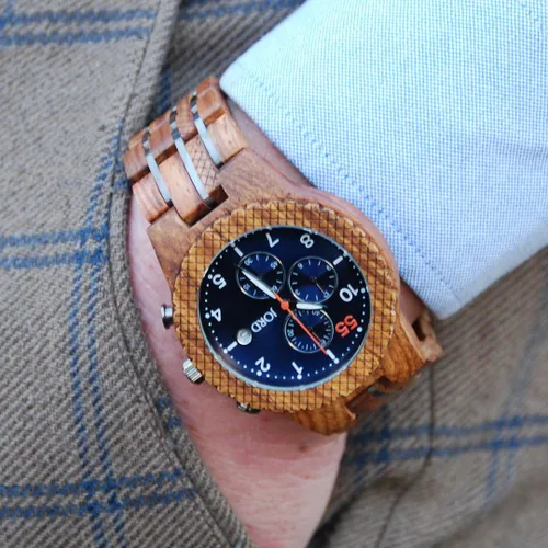 Vista 5 de Jord Relojes de pulsera de madera para hombre, cronógrafo, correa de reloj de madera y metal, bisel de madera, movimiento de cuarzo analógico