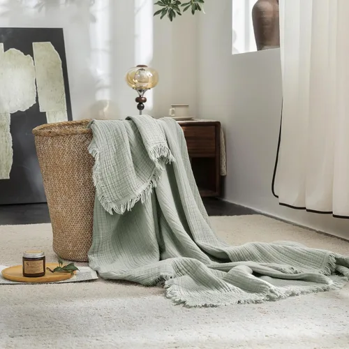 Vista 15 de FOSSA Manta de Muselina con Flecos - Gasa de Algodón 100% de 4 Capas Súper Suave y Transpirable - Manta Decorativa Ligera y Refrescante para Cama