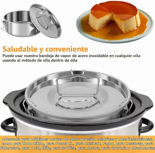 Vista 2 de Molde de flan de acero inoxidable con capacidad de 1.5 cuartos de galón con tapa y espátula, recipientes redondos para flan de 6 a 8 cuartos