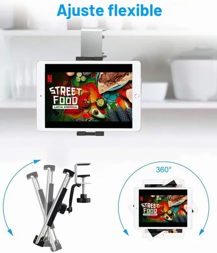 Vista 4 de Soporte para tablet de armario de cocina, soporte para tableta debajo del gabinete con abrazadera ajustable de 360° para iPad Pro Air Mini, Galaxy