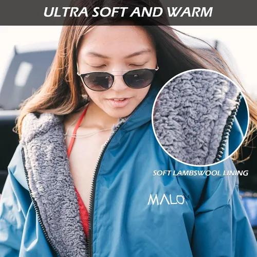 Vista 8 de Malo'o Parka de Surf con Forro Sherpa para Adultos Bata de Cambio, Parka de Natación Impermeable y Resistente al Viento, Bata Seca con Capucha