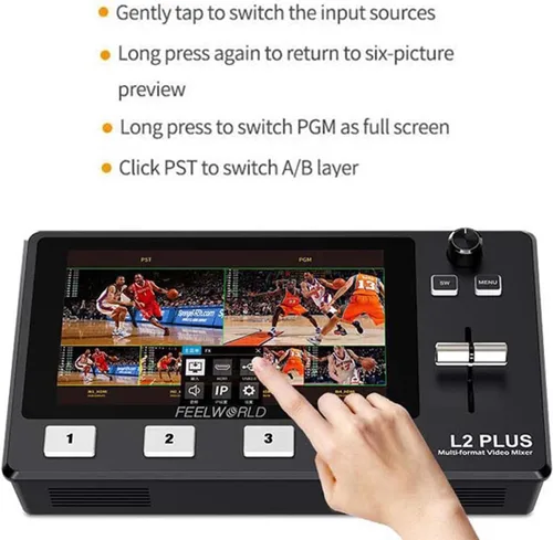 Vista 3 de Feelworld L2 Plus 5.5 "LCD Multi-Cámara Video Mezclador Conmutador con Pantalla Táctil PTZ Control Chroma Key USB3.0 para transmisión en vivo
