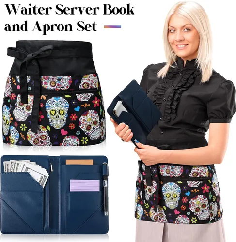 Vista 2 de Jetec 2 Pcs Waist Apron with 6 Pockets and Leather Server Book for Waitress Patterned Server Half Apron with Zipper for Women