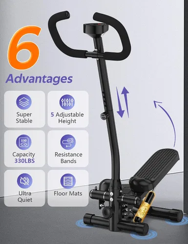 Vista 2 de Mini Stepper with Handlebar for Exercise, 330lbs Stair Climber Machine Hydraulic Fitness Stair Stepper with Resistance Band, Portable Workout