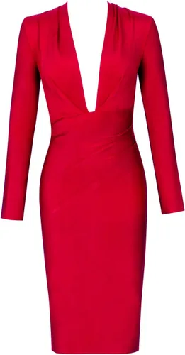 Vista 4 de UONBOX Vestido ajustado de manga larga con cuello en V profundo para mujer, drapeado hasta la rodilla