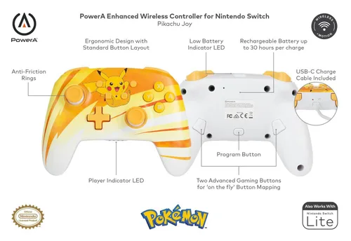 Vista 2 de Controlador inalámbrico mejorado PowerA para Nintendo Switch - Pokmon Pikachu Joy