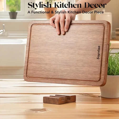 Vista 6 de Tabla de cortar de madera de teca, diseño unibody sólido, una pieza, duradera, apta para cuchillos, tabla de cortar de madera con ranuras profundas