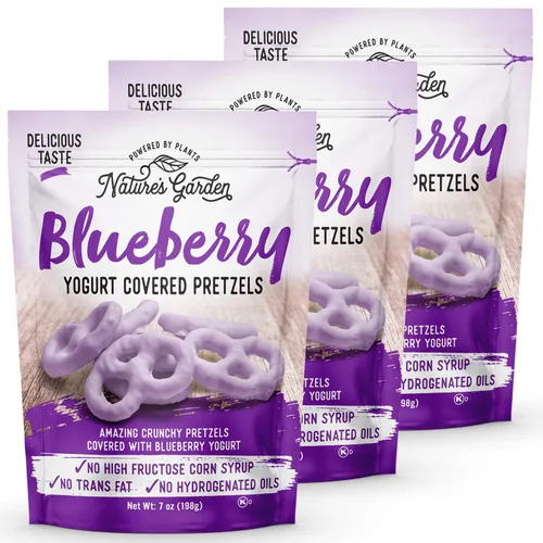 Vista 4 de Nature's Garden Pretzels cubiertos de yogur de arándanos, sin grasas trans, aperitivo indulgente, pretzels saborizados, bolsa de 7 onzas