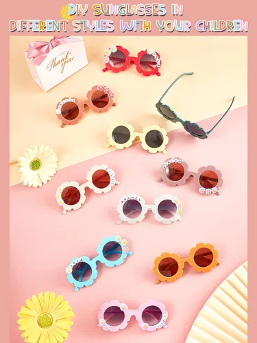 Vista 11 de Dunzy 10 pares de lentes de sol redondos de flores para niños, gafas de bricolaje para exteriores, con 50 margaritas, 100 cuentas de letras al azar