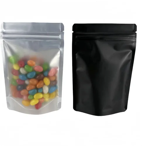 Vista 3 de Bolsas de pie resellables con cierre de cremallera, bolsa de Mylar negra transparente con cierre de cremallera, embalaje vertical reutilizable