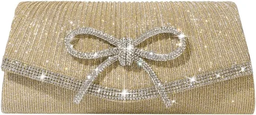 Vista 13 de Bolso de mano con lazo brillante para mujer con diamantes de imitación de purpurina para boda, fiesta, graduación, bolsa de noche elegante, caja