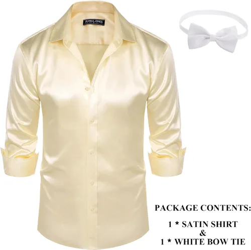 Vista 5 de PJ PAUL JONES Camisa de vestir de satén brillante para hombre, camisa de seda con botones de manga larga y pajarita