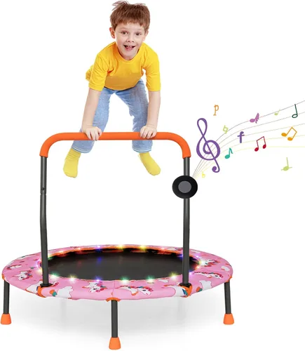 Vista 10 de Goplus Mini trampolín de 36 pulgadas para niños, trampolín para niños pequeños con luces LED, altavoz Bluetooth, mango extraíble, cubierta acolchada