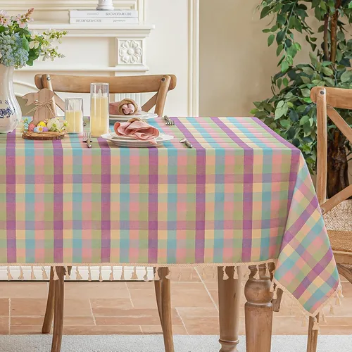Vista 14 de JIALE - Mantel cuadrado de lino de algodón de cuadros Gingham con borlas, lavable, sin arrugas, mantel a cuadros de búfalo para fiesta al aire Beige