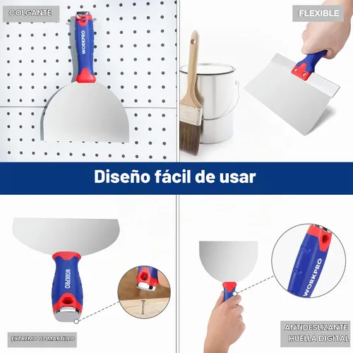 Vista 4 de Juego de cuchillos para paneles de yeso WORKPRO, cuchillo de cinta de acero inoxidable con hojas de 4", 6", 8", 10", 12" y extremo de martillo