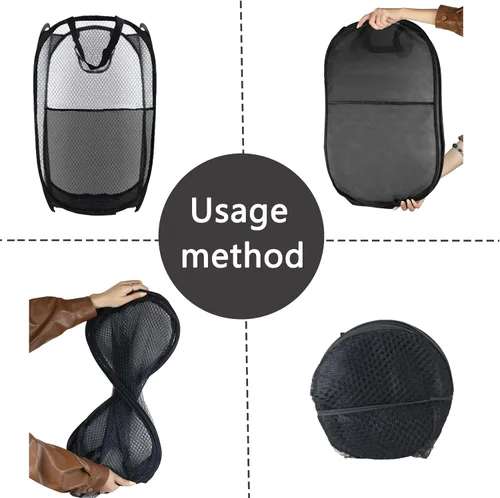 Vista 3 de Cesto de Ropa Plegable Pop Up, Cesta de Ropa de Malla Plegable Extra Grande, 28" x 16" x 16" (Negro)