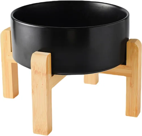 Vista 19 de Cuenco elevado de cerámica de 6 pulgadas para perros – Tazón de comida y agua para perros de 30 onzas con soporte elevado de bambú antideslizante