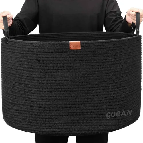 Vista 9 de GOCAN Cesta de almacenamiento extragrande para lavandería, 22 x 22 x 14 pulgadas, cesta tejida de cuerda de algodón para manta con asas para sala