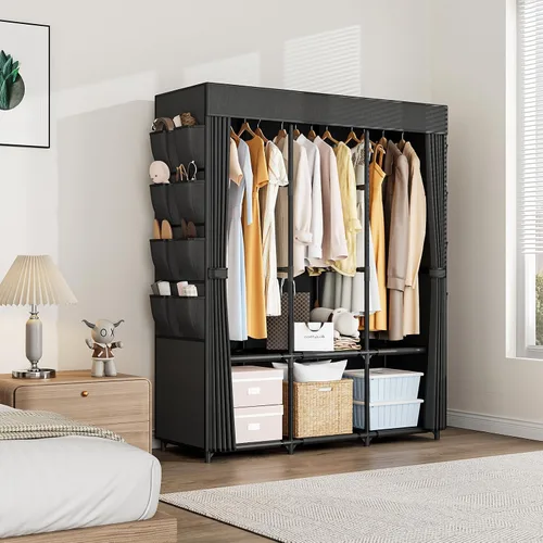 Vista 8 de Armario portátil para colgar ropa, perchero de gran capacidad con tapa, 3 varillas para colgar, 6 estantes y 8 bolsillos, armario fuerte y estable