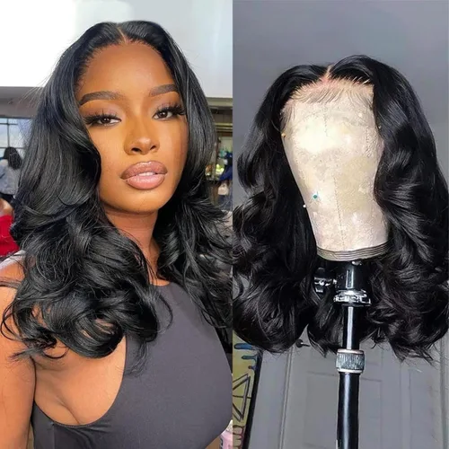 Vista 19 de Peluca de cabello humano estilo Bob para mujeres negras, 4x4, sin pegamento, encaje frontal, pelucas de cabello humano prearrancadas cortas