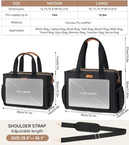 Vista 2 de Bolsa de lona para mujer, bolso cruzado grande de 15 bolsillos, bolsa para computadora portátil, bolsa con cremallera para profesores, trabajo