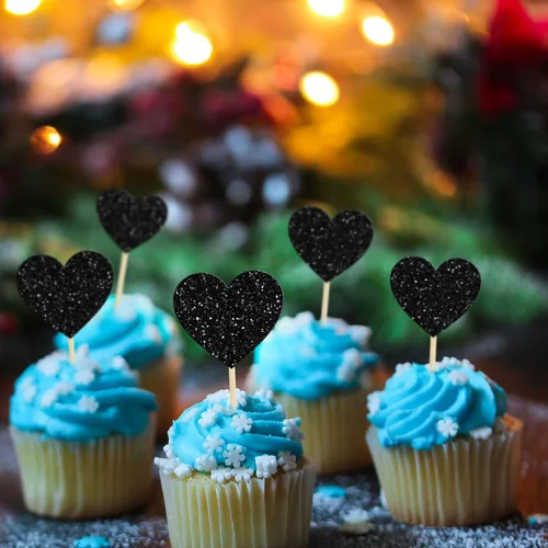 Vista 7 de Gyufise 30 adornos de corazón para cupcakes con purpurina de tamaño mixto con temática de dulce amor, decoración de pastel de corazón, boda Negro