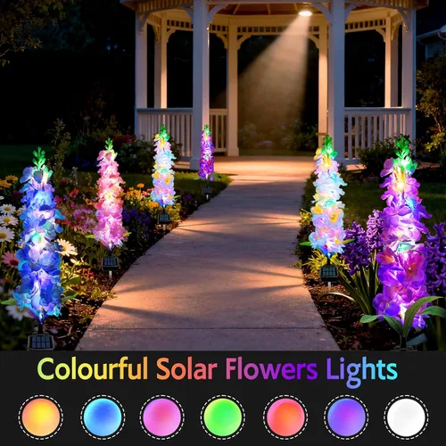 Vista 4 de MRHEPHAESTUS Luces solares de jardín, flores de delfinio 2 unidades 40 LEDs, luces impermeables para exteriores, dos modos de iluminación