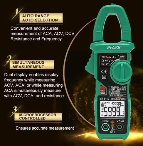 Vista 4 de Proskit MT-3110 Medidor de abrazadera digital de alta precisión Multímetro digital amperímetro AC y DC medidor universal