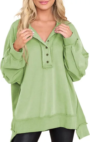 Vista 22 de AlvaQ - Sudadera de gran tamaño para mujer, informal, de manga larga, con botones y cuello Henley, tipo túnica