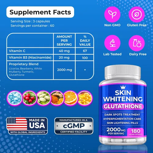 Vista 8 de Píldoras blanqueadoras de glutatión – 180 cápsulas de 2000 mg de glutatión – Suplemento eficaz para aclarar la piel – manchas oscuras, melasma