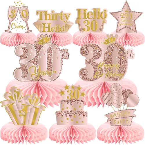 Vista 14 de 9 piezas de decoración de cumpleaños número 13, centros de mesa de cumpleaños rosa rosa dorado para niñas, centros de mesa de feliz cumpleaños 13