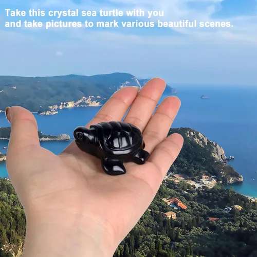 Vista 4 de Figuras de tortuga marina de viaje de cristal, tortuga de obsidiana negra, regalos de viaje para mujeres, hombres y viajeros, dije de buena suerte
