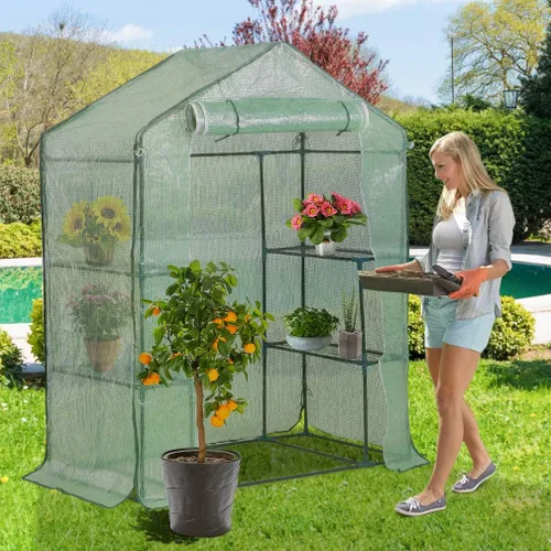 Vista 2 de FDW Mini invernadero portátil para interiores y exteriores, 4.9 pies de largo x 2.4 pies de ancho x 6.4 pies de alto, estantes para plantas, toldo